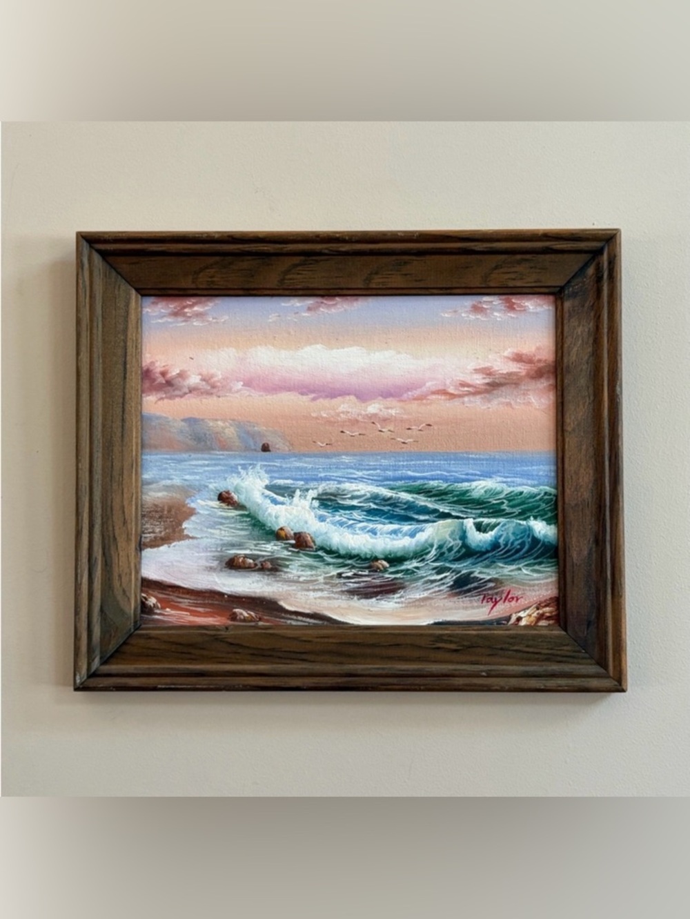 TAYLOR Artist Signed Seascape Landscape Gulls Over Waves Original Painting Art